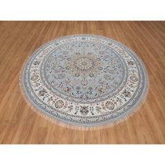 7'9"x7'9" Light Blue Wool & Silk Nain Medallion Design Hand Knotted Round Rug