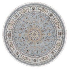 7'9"x7'9" Light Blue Wool & Silk Nain Medallion Design Hand Knotted Round Rug