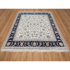 7'9"x7'9" White Nain with Flower Design Hand Knotted Wool and Silk Square Rug