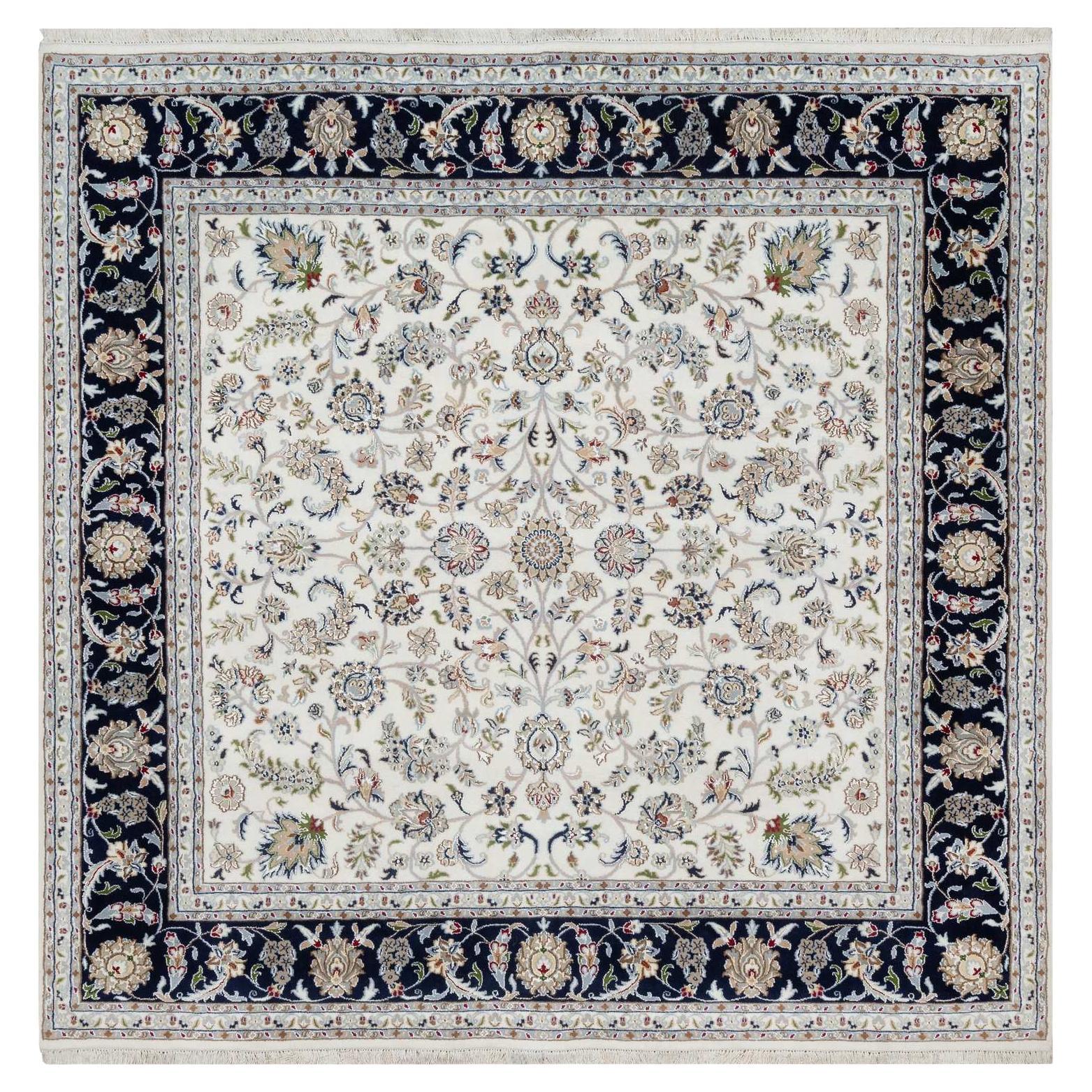 7'9"x7'9" White Nain with Flower Design Hand Knotted Wool and Silk Square Rug