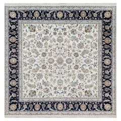 7'9"x7'9" White Nain with Flower Design Hand Knotted Wool and Silk Square Rug