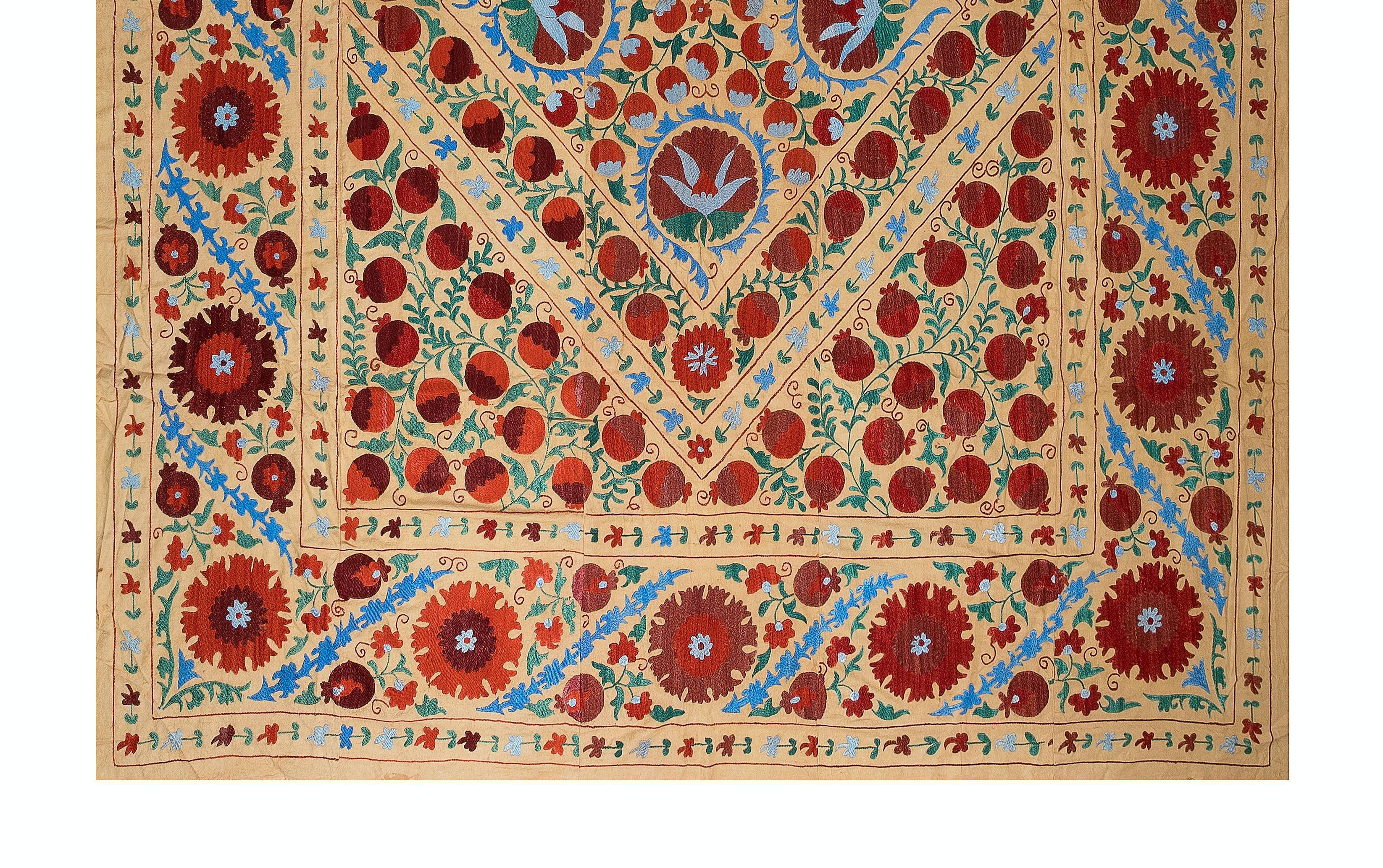 Embroidered 7.9x8.4 Ft Suzani Silk Embroidery Bed Cover, Home Decor Vintage Uzbek Throw For Sale