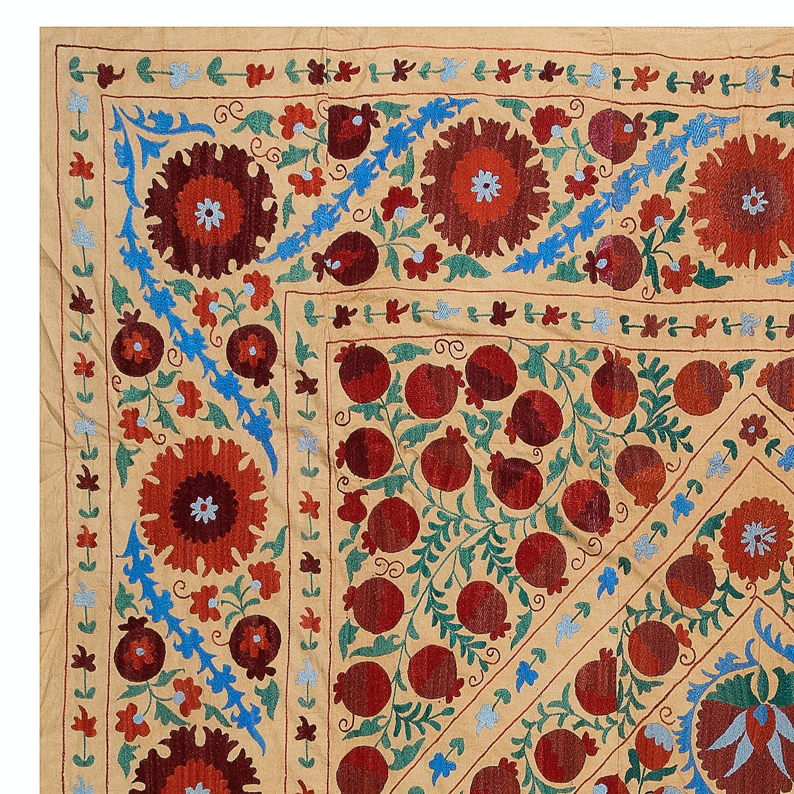Suzani 7.9x8.4 Ft Silk Embroidery Bed Cover. Home Decor Tablecloth. Vintage Uzbek Throw For Sale