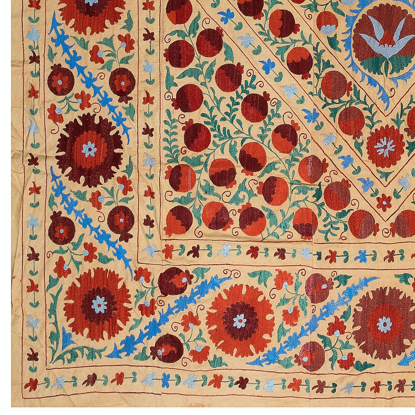 Embroidered 7.9x8.4 Ft Silk Embroidery Bed Cover. Home Decor Tablecloth. Vintage Uzbek Throw For Sale