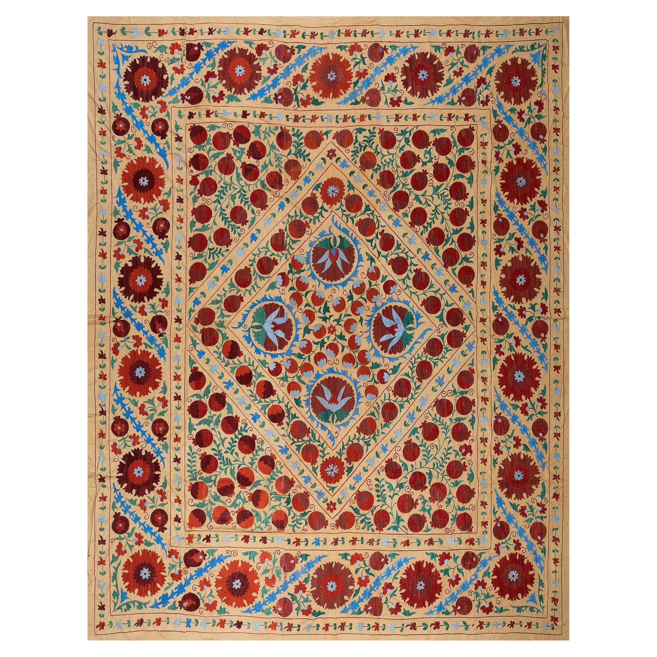 7.9x8.4 Ft Suzani Silk Embroidery Bed Cover, Home Decor Vintage Uzbek Throw