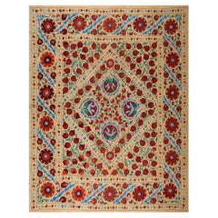 7.9x8.4 Ft Suzani Silk Embroidery Bed Cover, Home Decor Retro Uzbek Throw