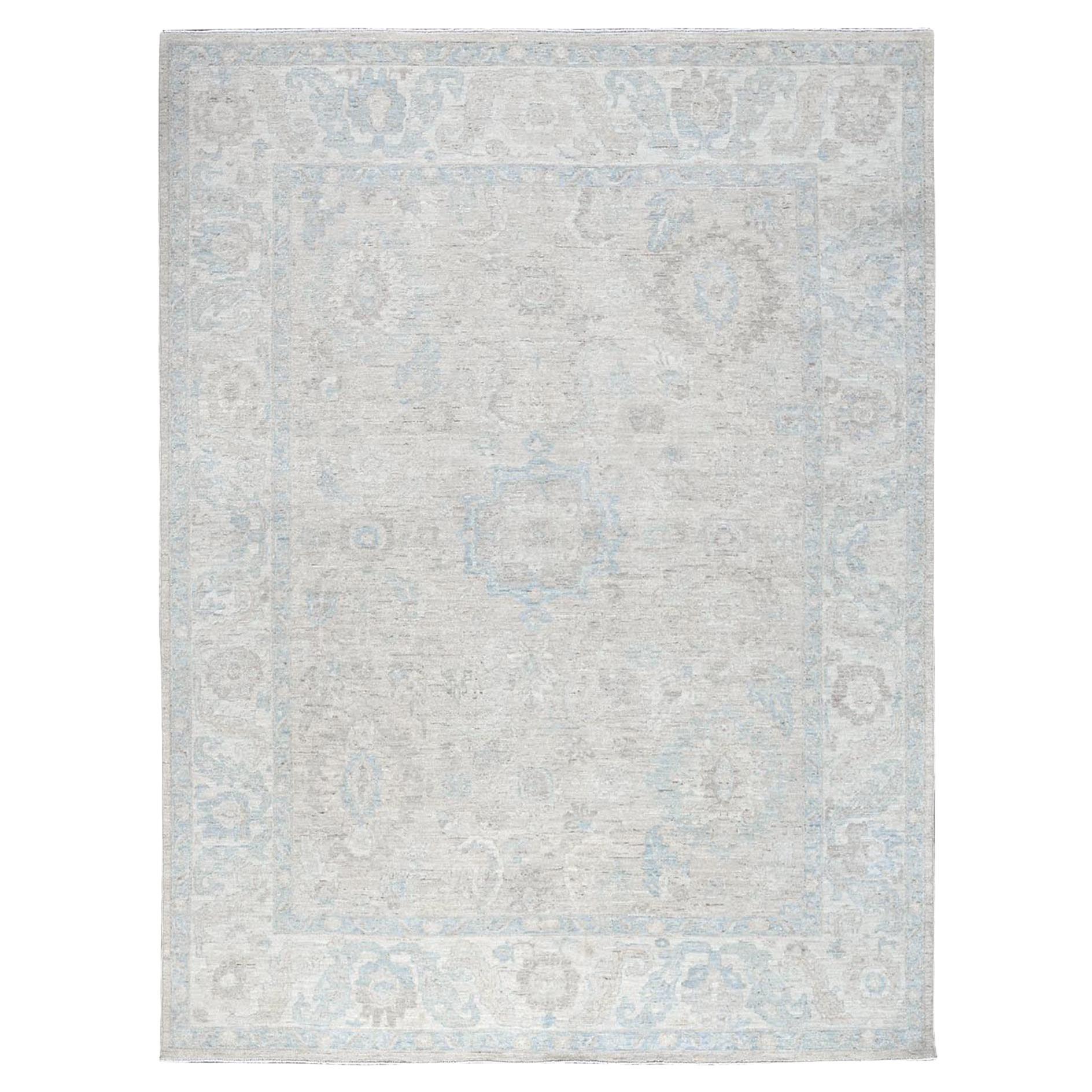 7'9"x9'10" Bone White Washed Out Peshawar Pure Wool Hand Knotted Oriental Rug