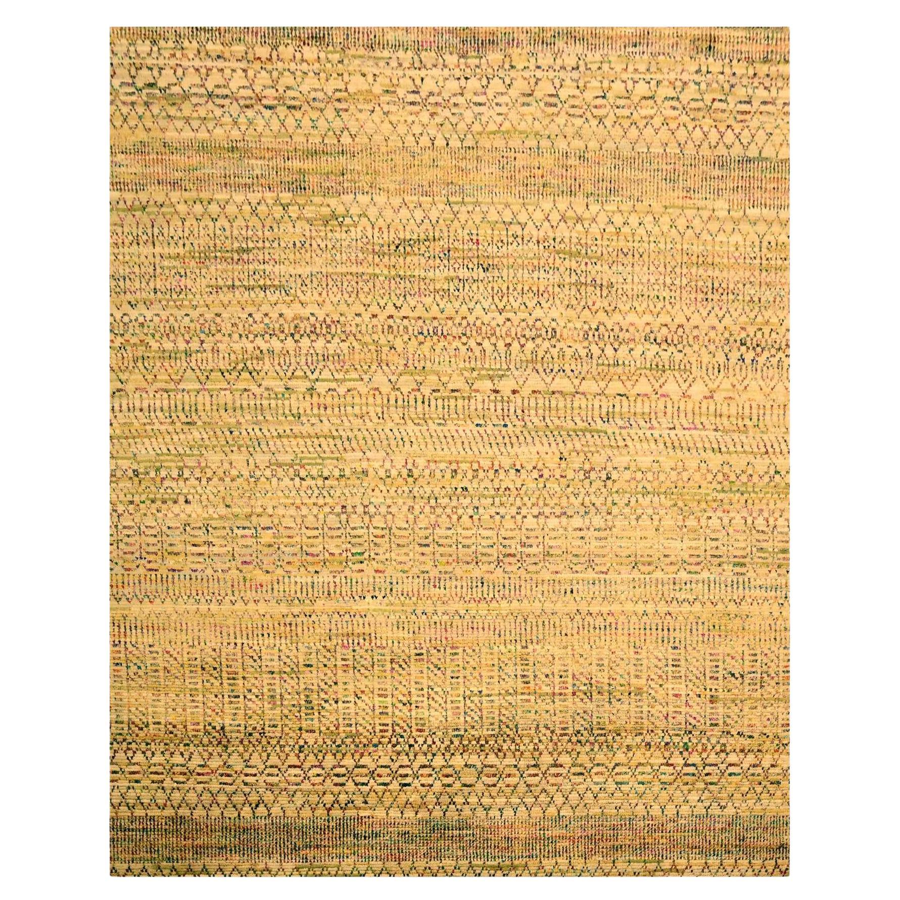 7'9 "x9'10" Brown Geometric Pattern Textured Wool and Sari Silk Hand Knots Rugs (tapis noué à la main)