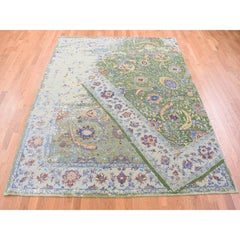 7'9"x9'10" Green Rug on Rug Design Hand Knotted Silk with Textured Wool Rug
