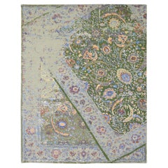 7'9 "x9'10" Green Rug on Rug Design Soie nouée à la main avec tapis de laine texturé