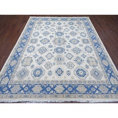 7'9"x9'3" Ivory Vintage Look Kazak with Geometric Elements Hand Knotted Wool Rug
