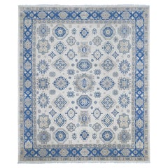 7'9"x9'3" Ivory Vintage Look Kazak with Geometric Elements Hand Knotted Wool Rug