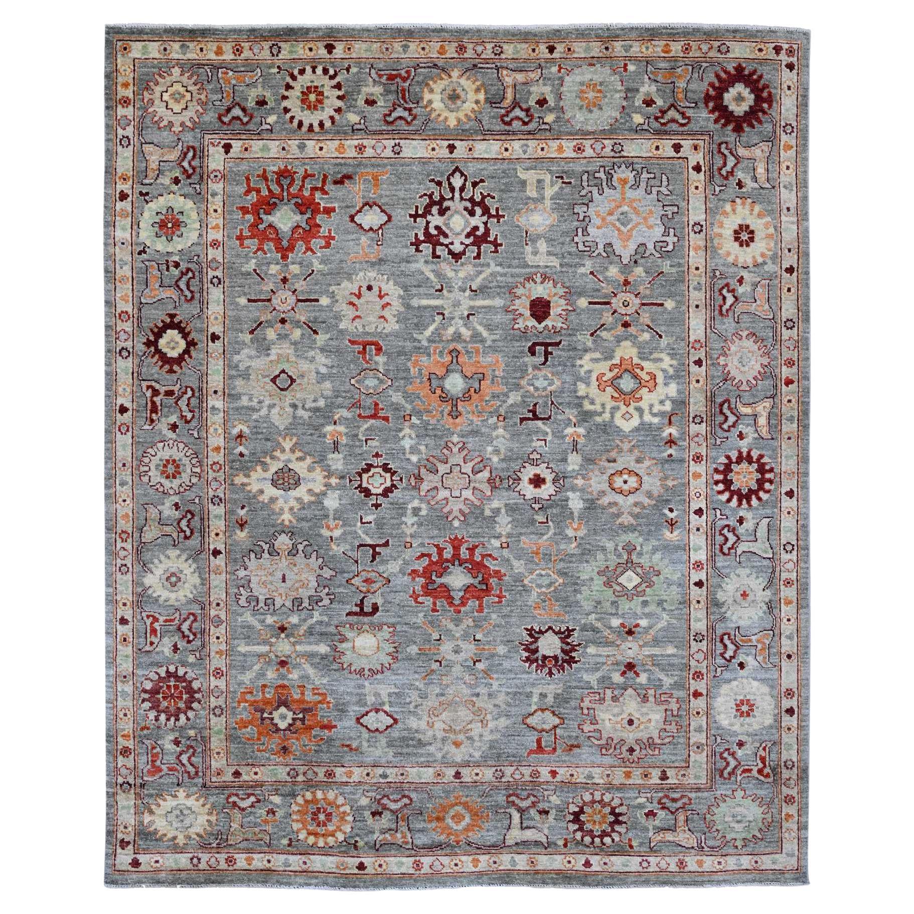 7'9"x9'5" Spanish Gray Afghan Angora Oushak Leaf Pattern Hand Knotted Wool Rug