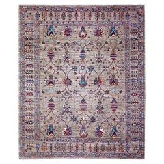7'9"x9'6" Carbon Gray Hand Knotted Sultani Pomegranate Design Wool Oriental Rug