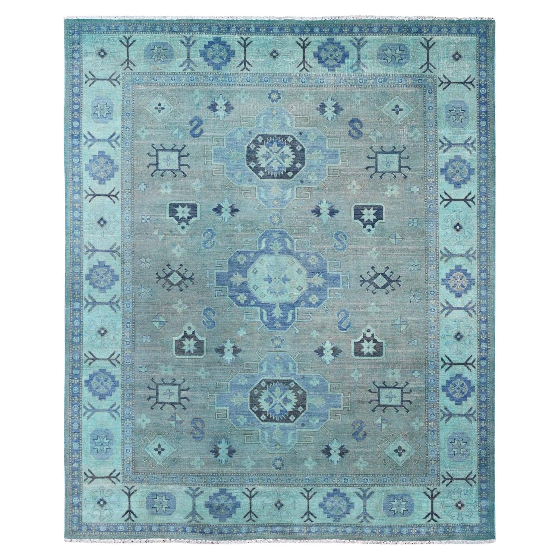 7'9"x9'6" Sapphire Blue Overdyed Kazak Medallion Design Hand Knotted Wool Rug