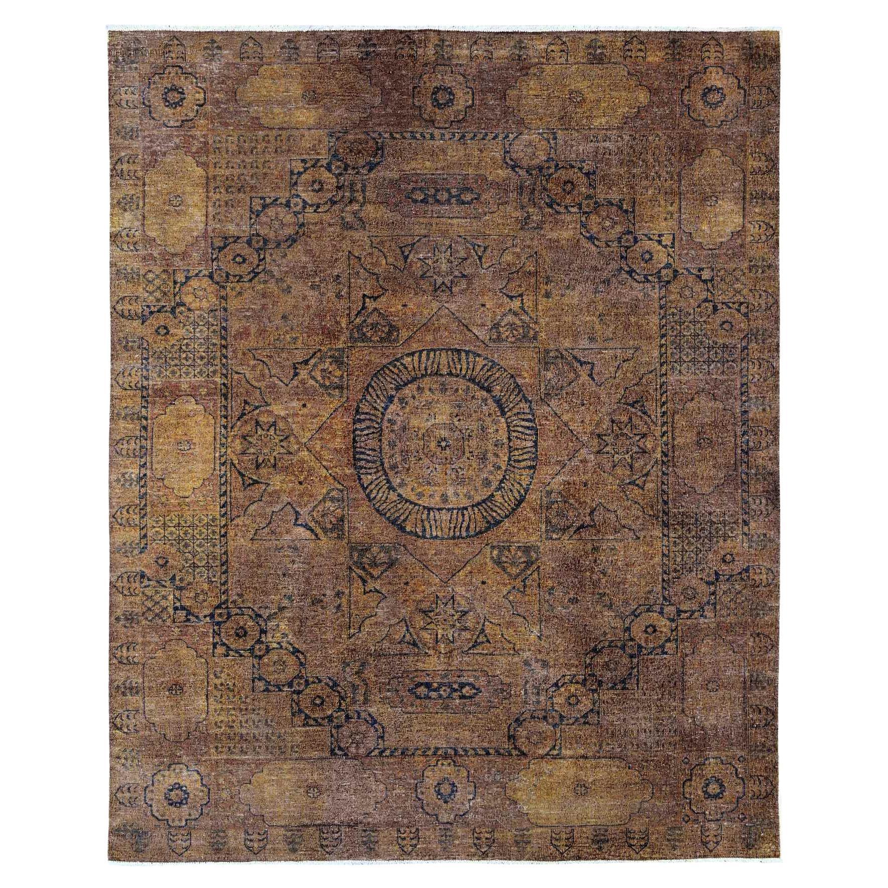 7'9 "x9'7" Brown Overdyed Peshawar with Mamluk Design Hand Knotsted Pure Wool Rugs