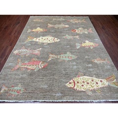7'9"x9'7" Stone Gray Afghan Peshawar Oceanic Fish Design Hand Knotted Wool Rug