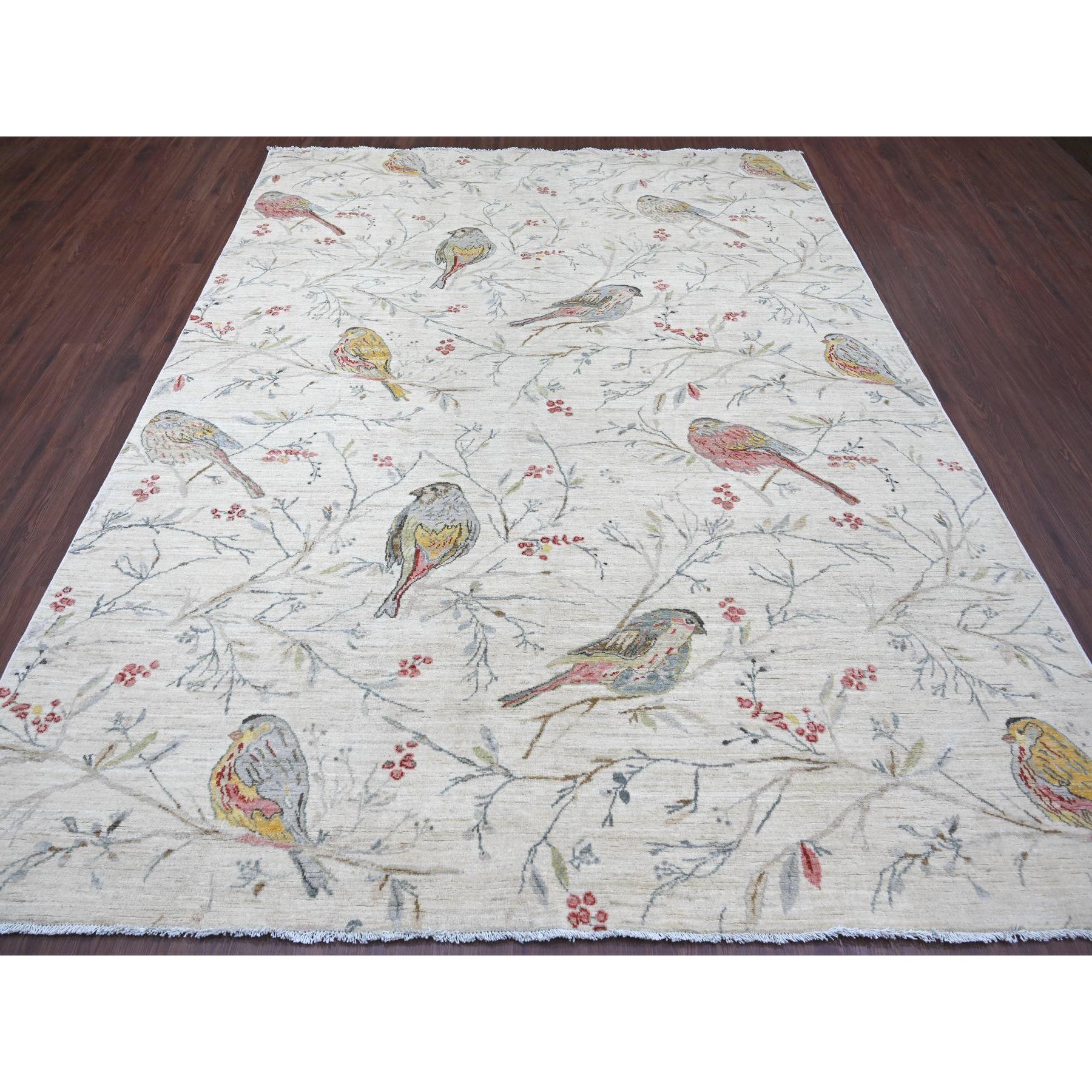 Oyster White, Sparrows on the Tree, Peshawar, Densely Woven, High Mountain Wool, Hand Knotted, Soft to the Touch, Oriental Rug
Primary materials: Wool
Latex: No Pile 
height: 0.25 Inches
Style: Contemporary
Primary color: Ivory
Secondary colors:
