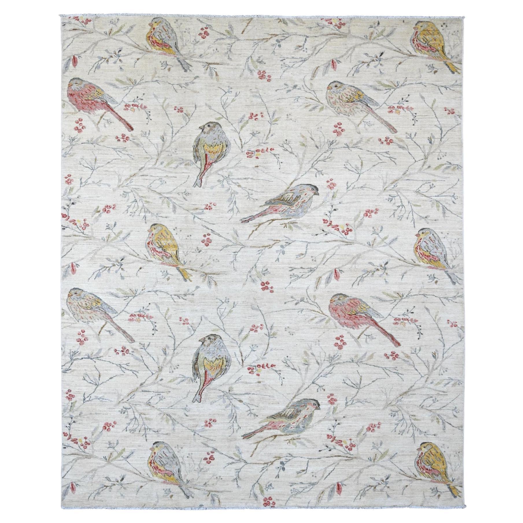 7
9"x9
8" Ivory Sparrows on the Tree Peshawar Hand Knotted Wool Oriental Rug