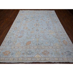 7'9"x9'9" Beau Blue Faded Out Angora Oushak Wool Weft Oriental Rug