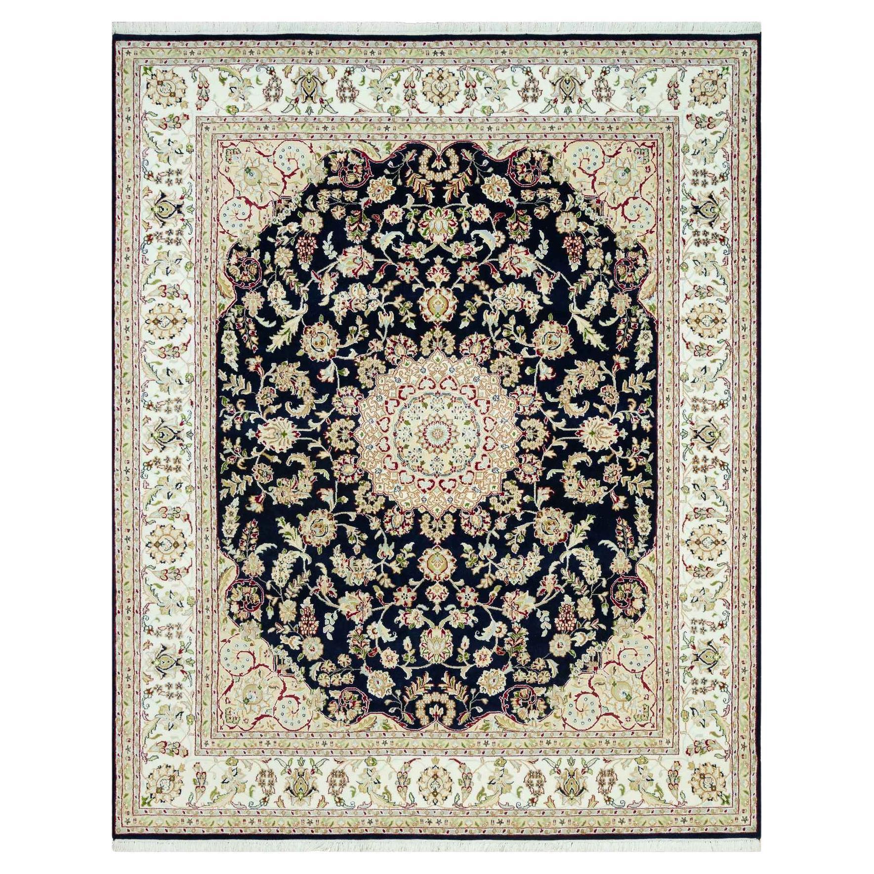 7'9 "x9'9" Azul Noche Oscuro Nain Lana Ecológica 250 KPSI Alfombra Oriental Anudada a Mano en venta