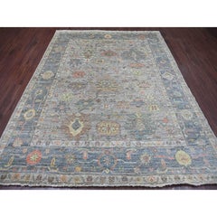 7'9"x9'9" Fossil Gray Afghan Angora Oushak Leaf Design Hand Knotted Wool Rug