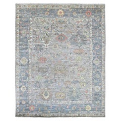 7'9"x9'9" Fossil Gray Afghan Angora Oushak Leaf Design Hand Knotted Wool Rug