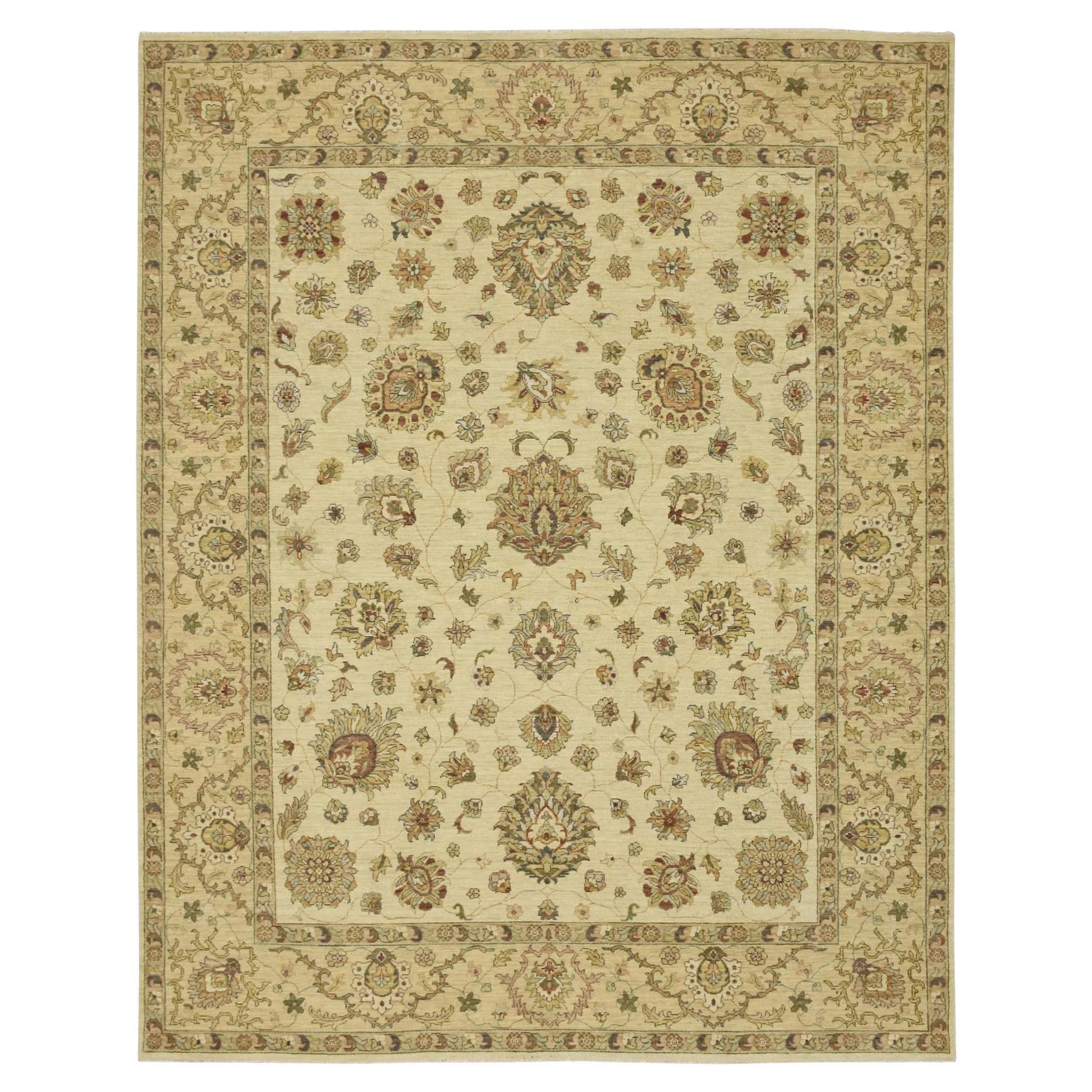 7'9 "x9'9" Ivory Agra with Ziegler Design/One Leaf Pattern Tapis en pure laine noué à la main