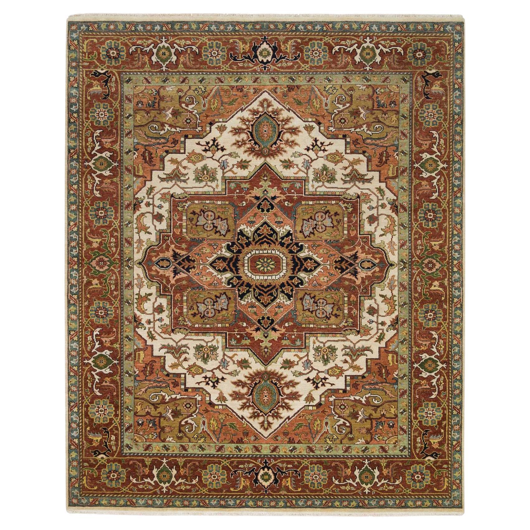 7'9 "x9'9" Ivoire Heris Medallion Design Pure Laine Tapis Oriental Noué à la Main