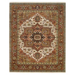 7'9 "x9'9" Ivoire Heris Medallion Design Pure Laine Tapis Oriental Noué à la Main