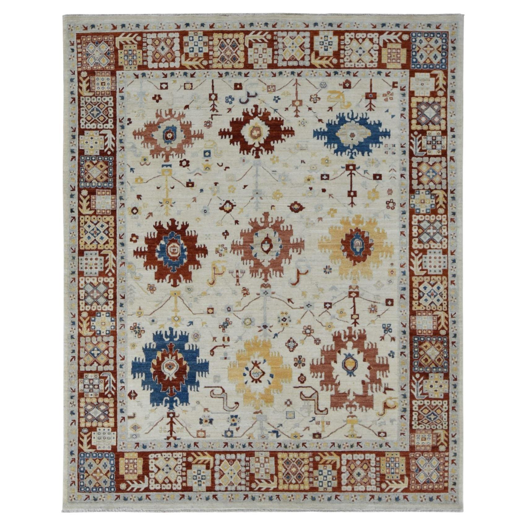 7'9 "x9'9" Bianco pergamena, Peshawar con disegno Mahal, Tappeto in lana annodato a mano