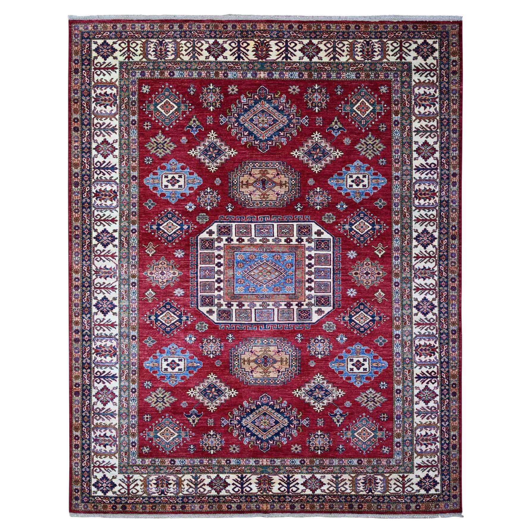 7'9"x9'9" Red Afghan Super Kazak All Over Design Pure Wool Hand Knotted Rug