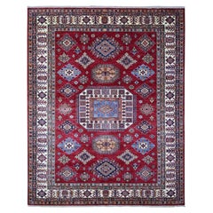 7'9 "x9'9" Alfombra anudada a mano de lana pura con diseño afgano rojo Super Kazak All Over