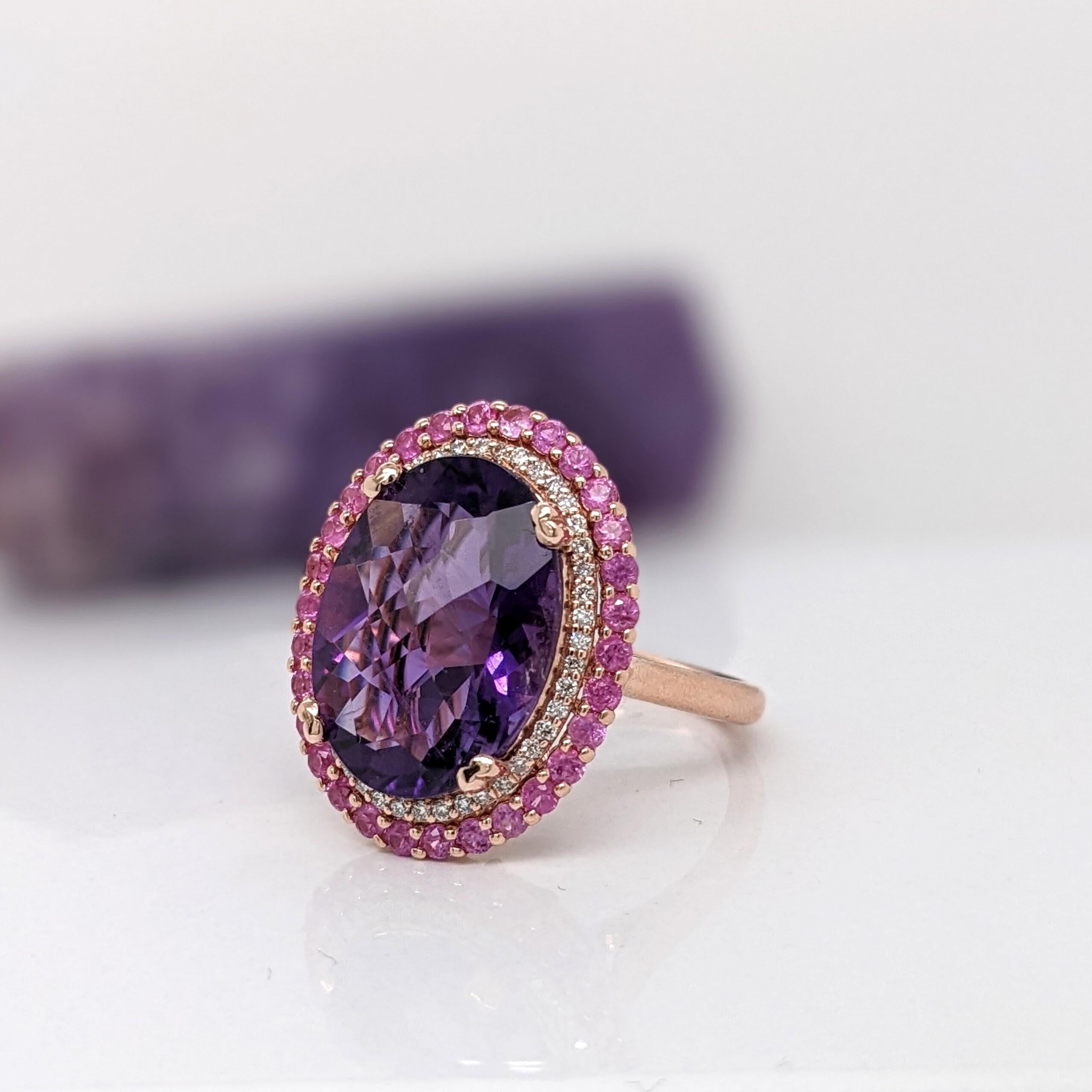 Modern 7ct Amethyst Ring w Pink Sapphires & Earth Mined Diamonds in Solid 14K Gold 11x8