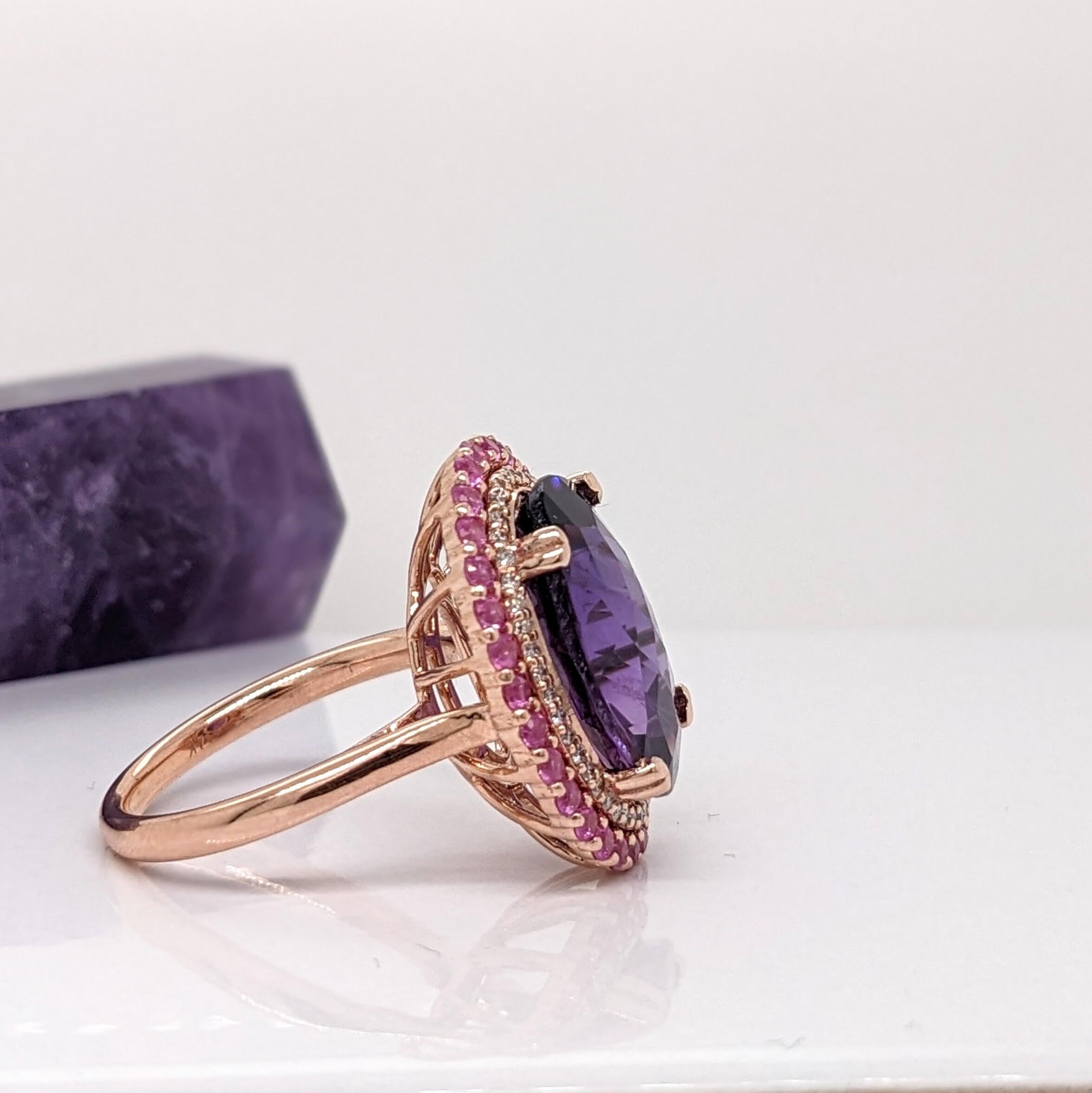 Oval Cut 7ct Amethyst Ring w Pink Sapphires & Earth Mined Diamonds in Solid 14K Gold 11x8