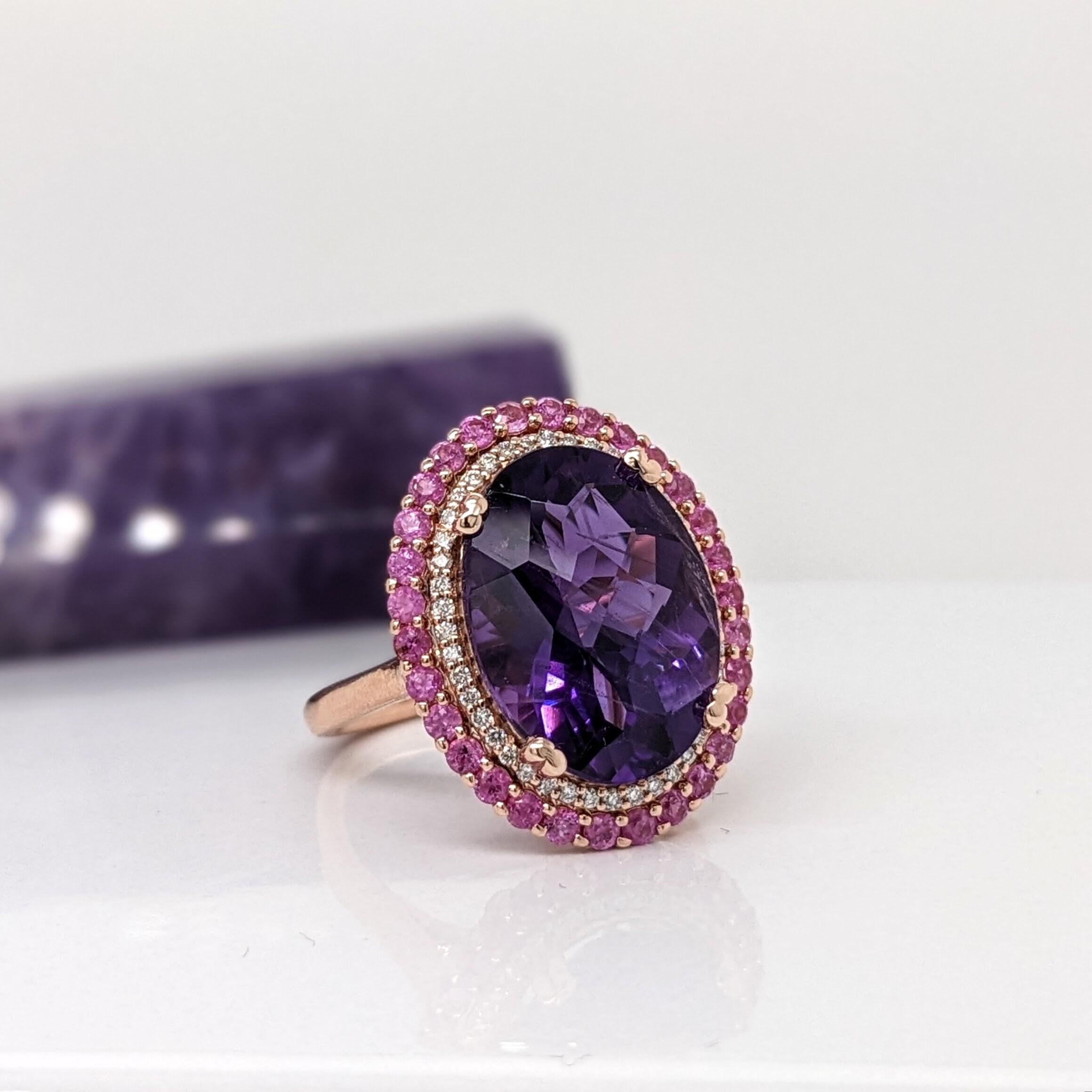 7ct Amethyst Ring w Pink Sapphires & Earth Mined Diamonds in Solid 14K Gold 11x8 In New Condition In Columbus, OH