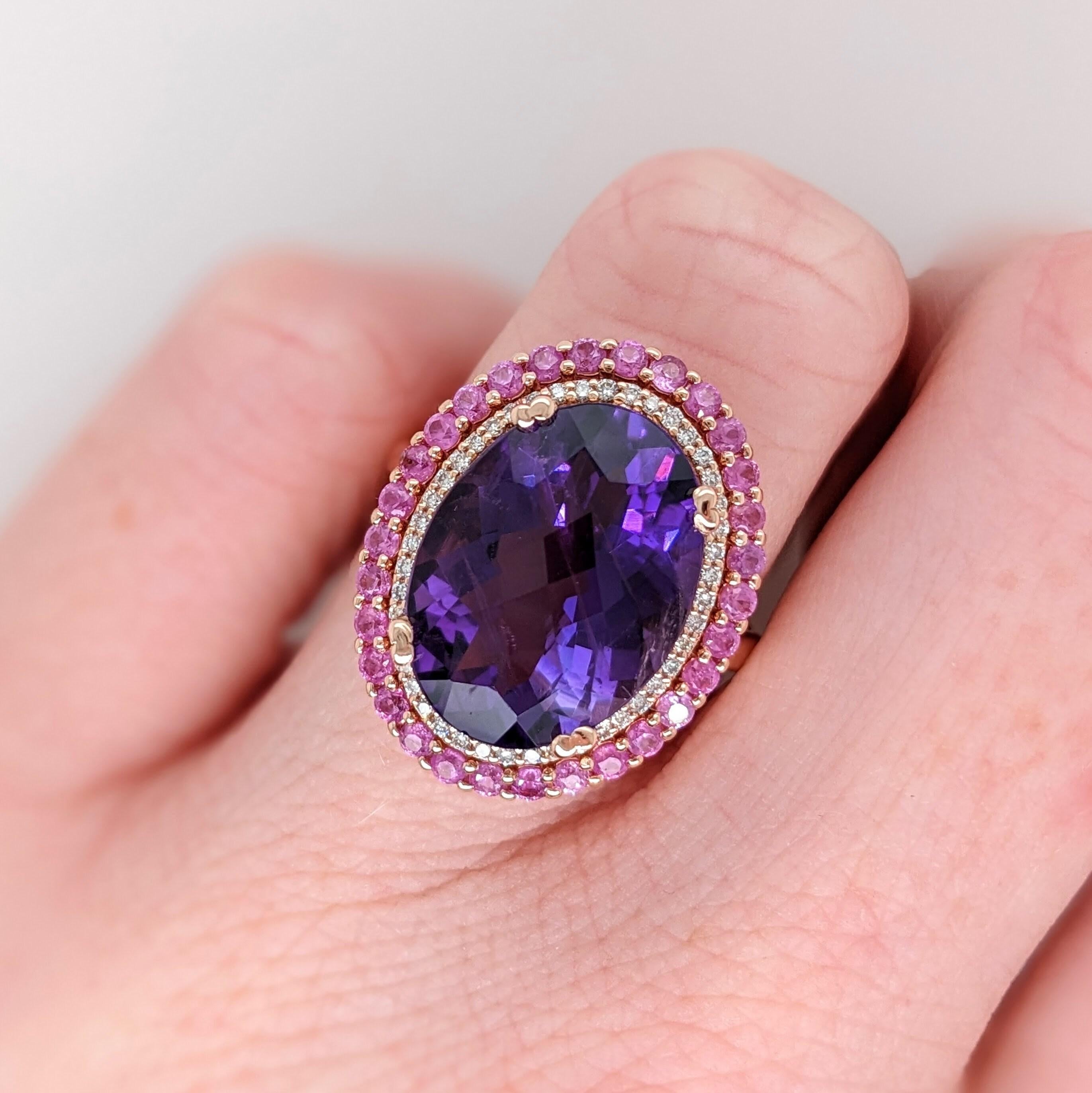 Women's 7ct Amethyst Ring w Pink Sapphires & Earth Mined Diamonds in Solid 14K Gold 11x8