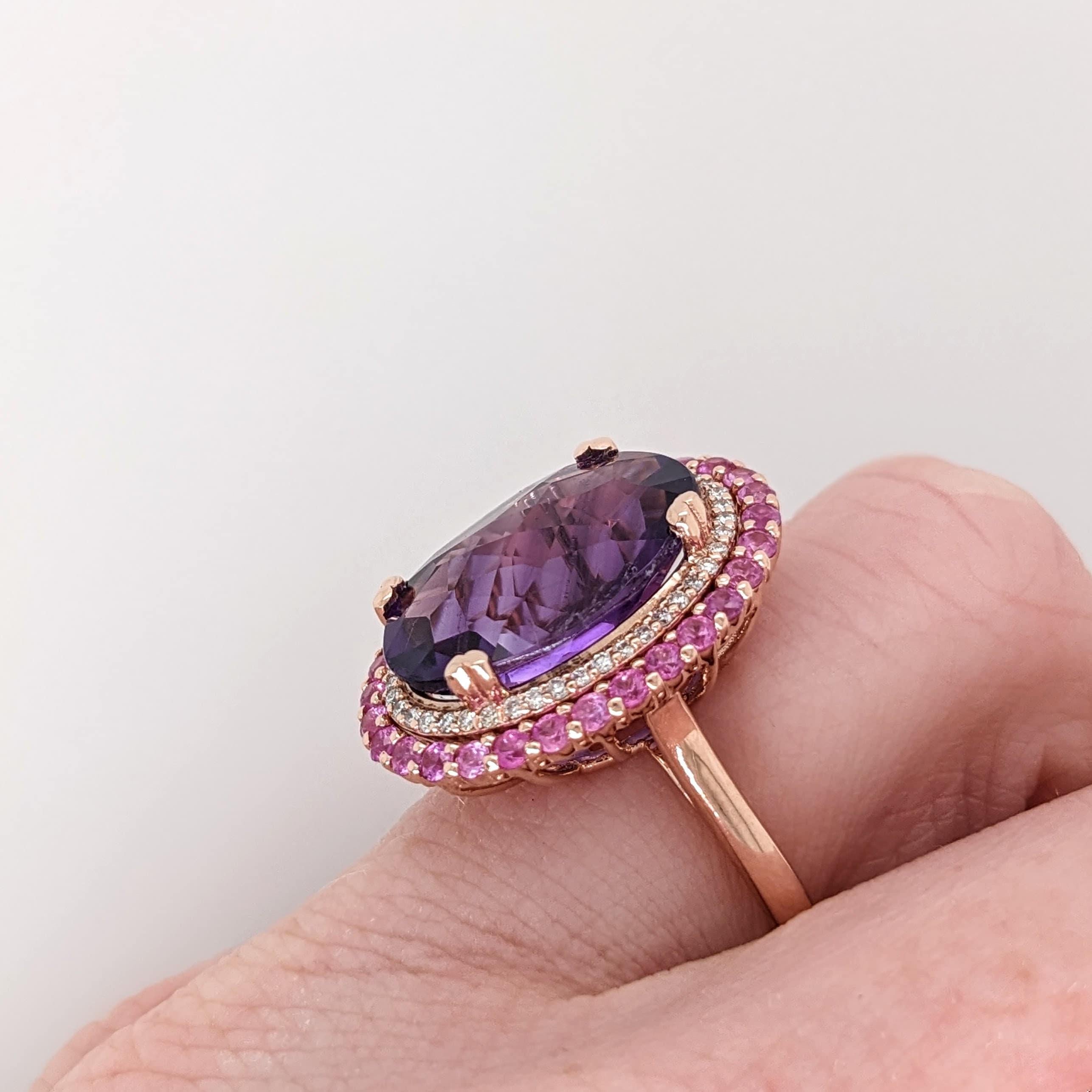 7ct Amethyst Ring w Pink Sapphires & Earth Mined Diamonds in Solid 14K Gold 11x8 1