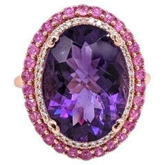 7 Karat Amethyst-Ring mit rosa Saphiren und in der Erde gemeißelten Diamanten aus massivem 14K Gold 11x8