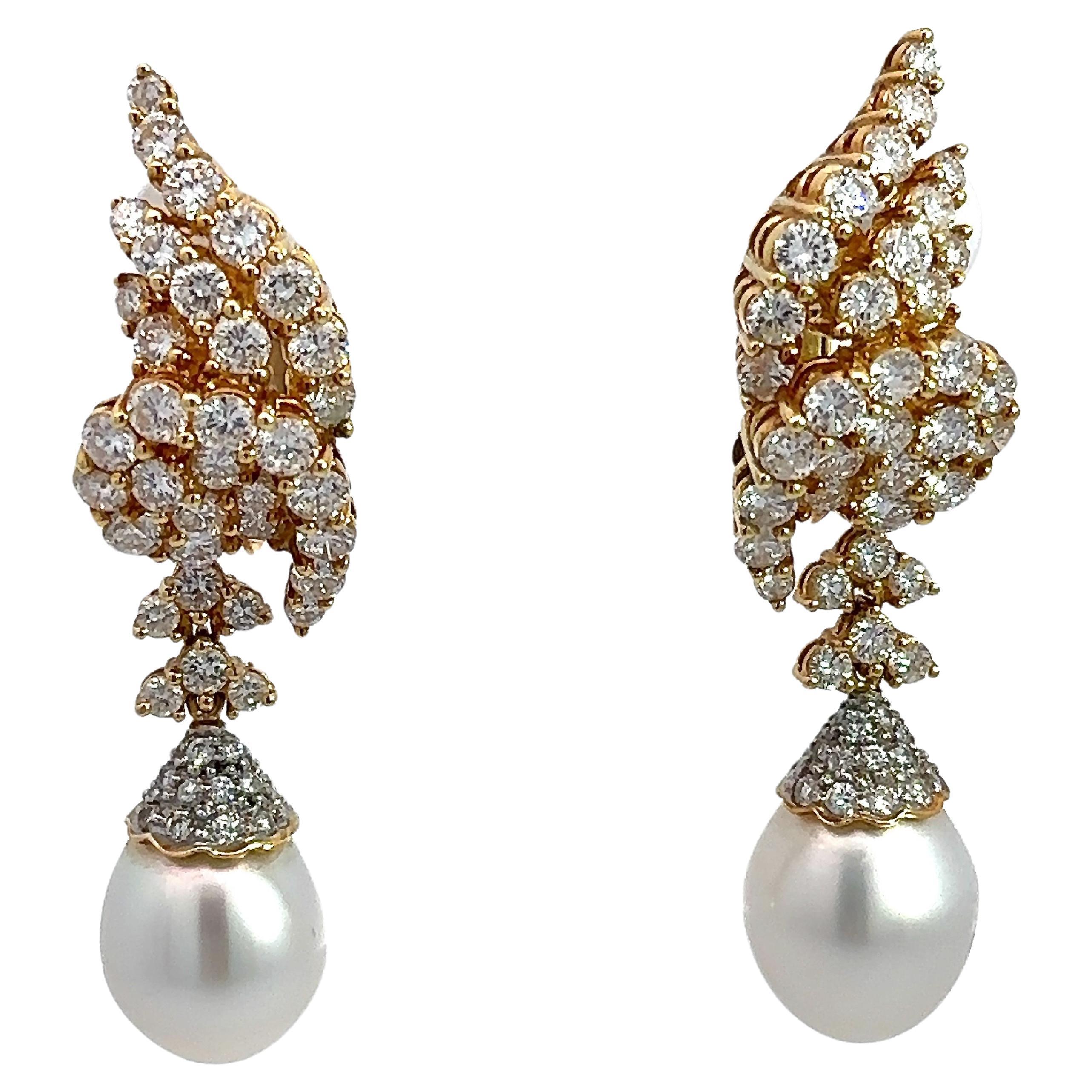 7CT Diamond and South Sea Pearl Dangle Earrings 