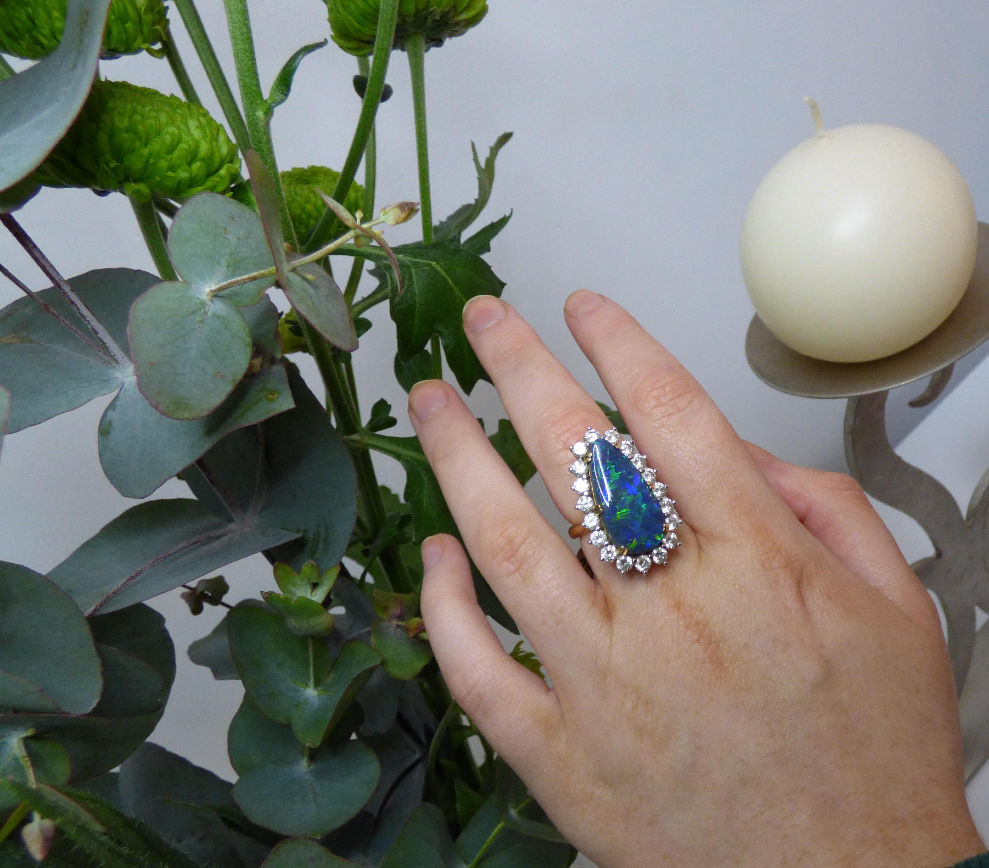 7ct. Pear Shaped Black Opal and Diamond Cluster Ring In New Condition For Sale In Dublin, IE