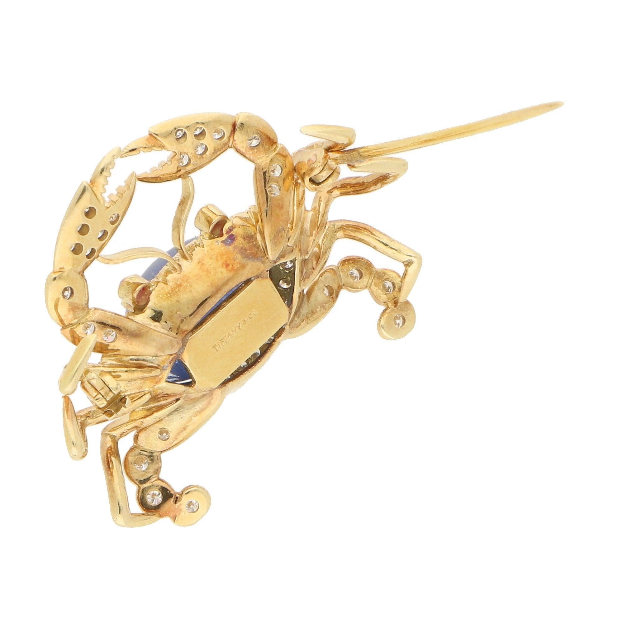 Women's or Men's 7 Carat Sapphire, Diamond and Ruby Crab Pin Brooch in Yellow Gold