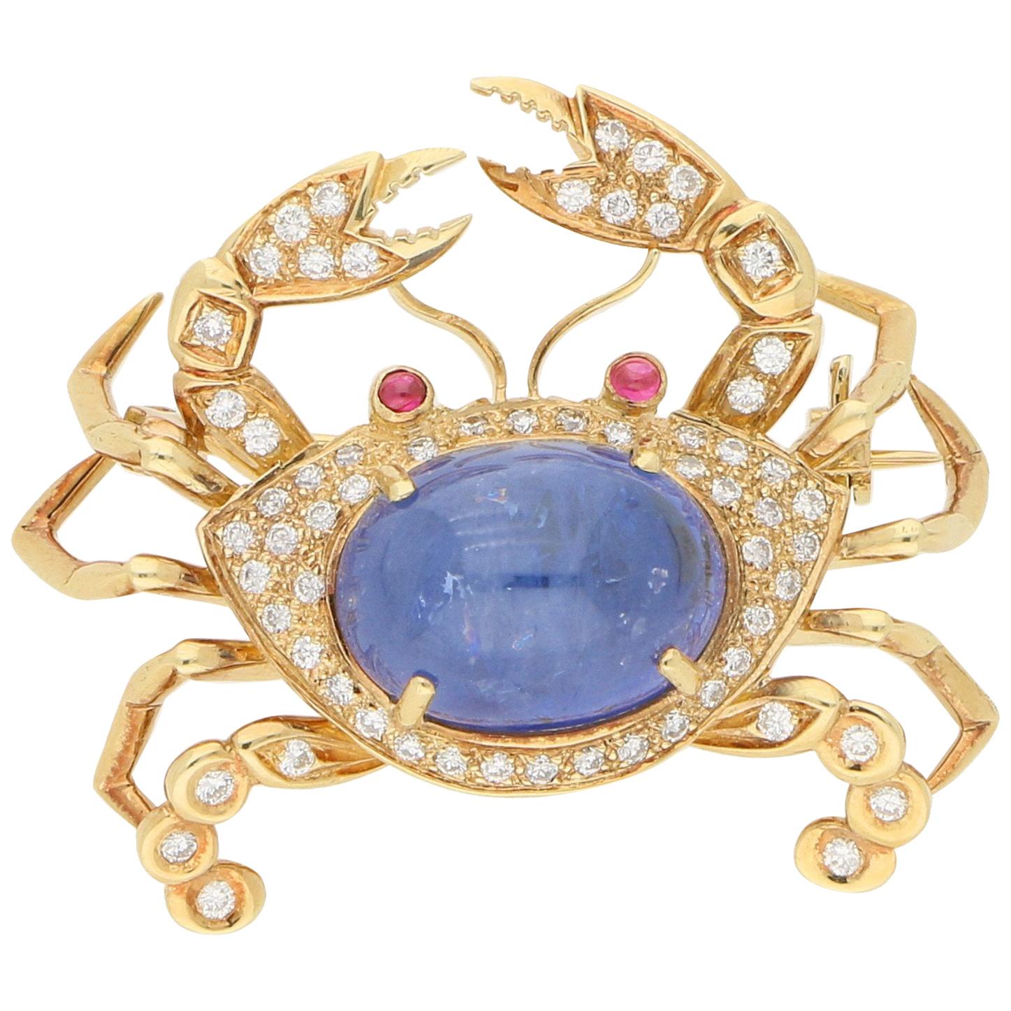 7 Carat Sapphire, Diamond and Ruby Crab Pin Brooch in Yellow Gold