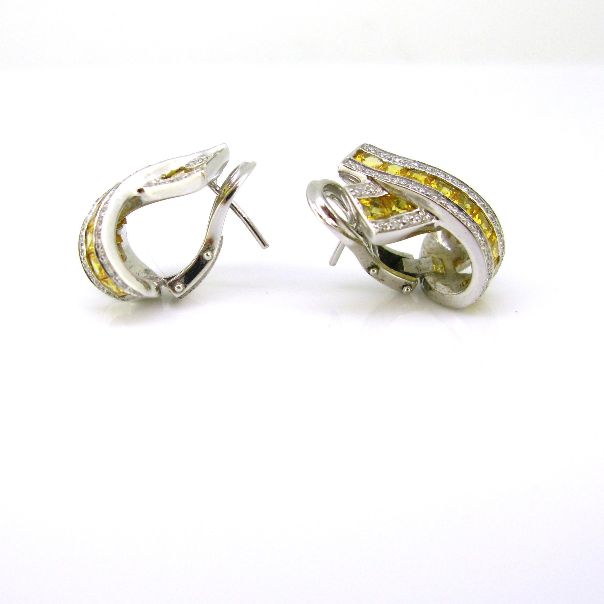 7 Carat Yellow Sapphires Diamonds White Gold Modern X Shape Earrings In Excellent Condition In London, GB
