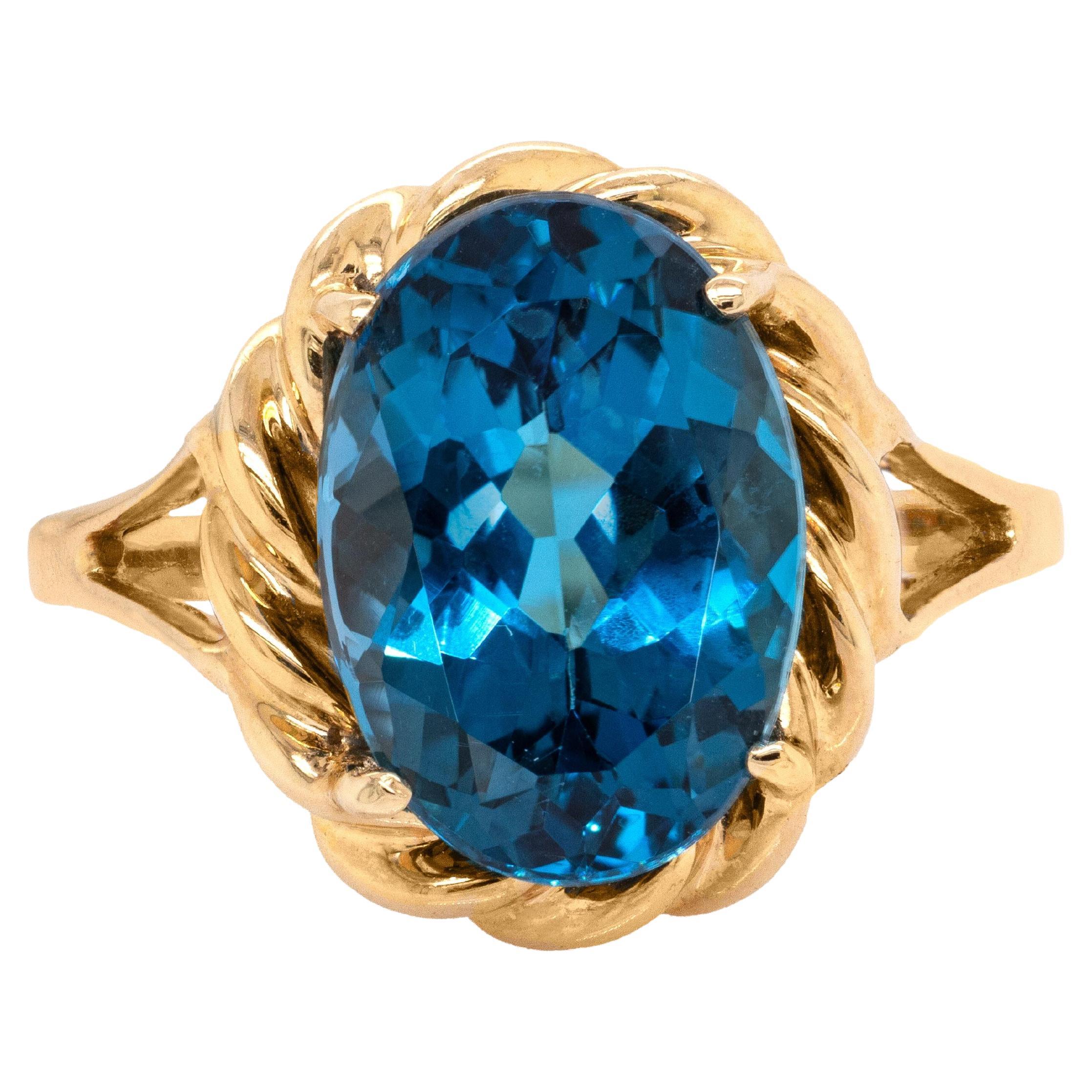 Anello di 7cts Estate Statement London Blue Topaz: oro massiccio 14k, ovale 13x9mm