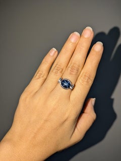 7cts Star Sapphire Ring w Blue Sapphire and Diamonds Accents in 14K Solid Gold