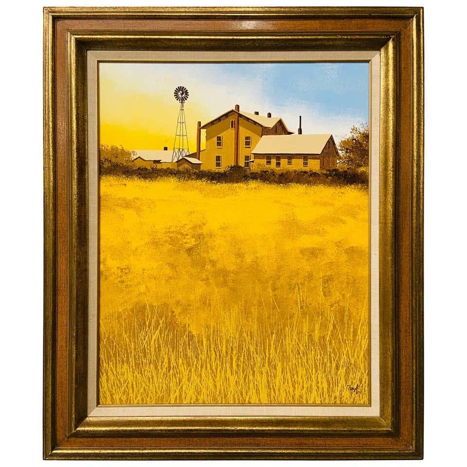 Bauernhof-Landschaft, Öl auf Leinwand, Gemälde, signiert vom Künstler 7Eight 