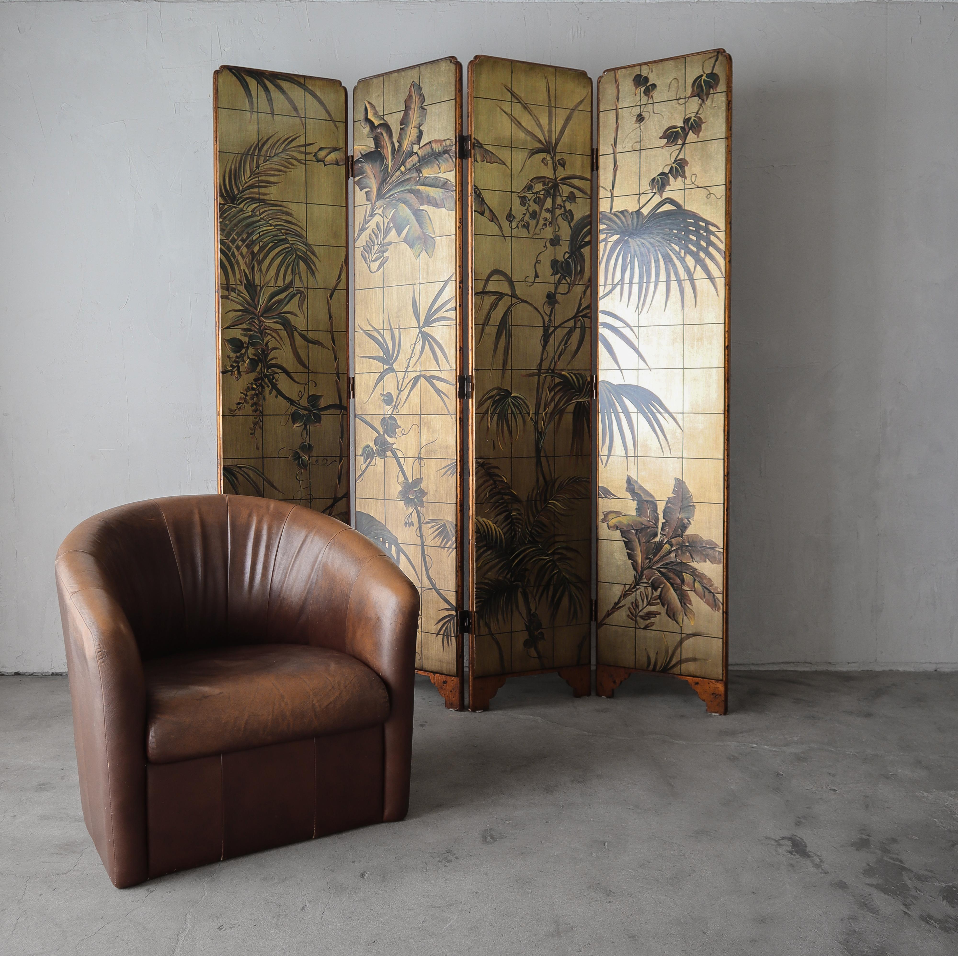 7ft Hand Painted Botanical Four-Panel Screen In Good Condition In Las Vegas, NV