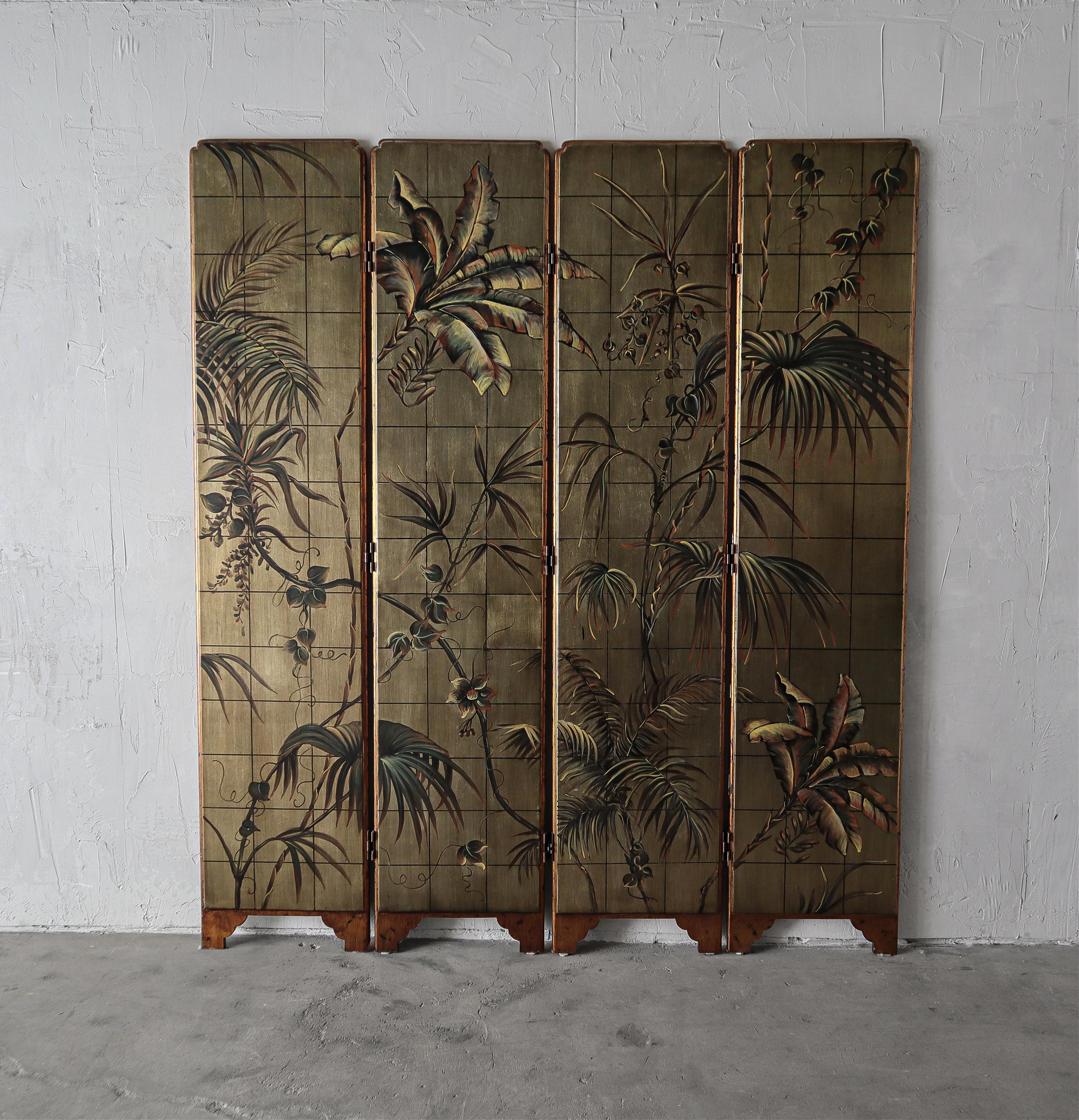 20th Century 7ft Hand Painted Botanical Four-Panel Screen