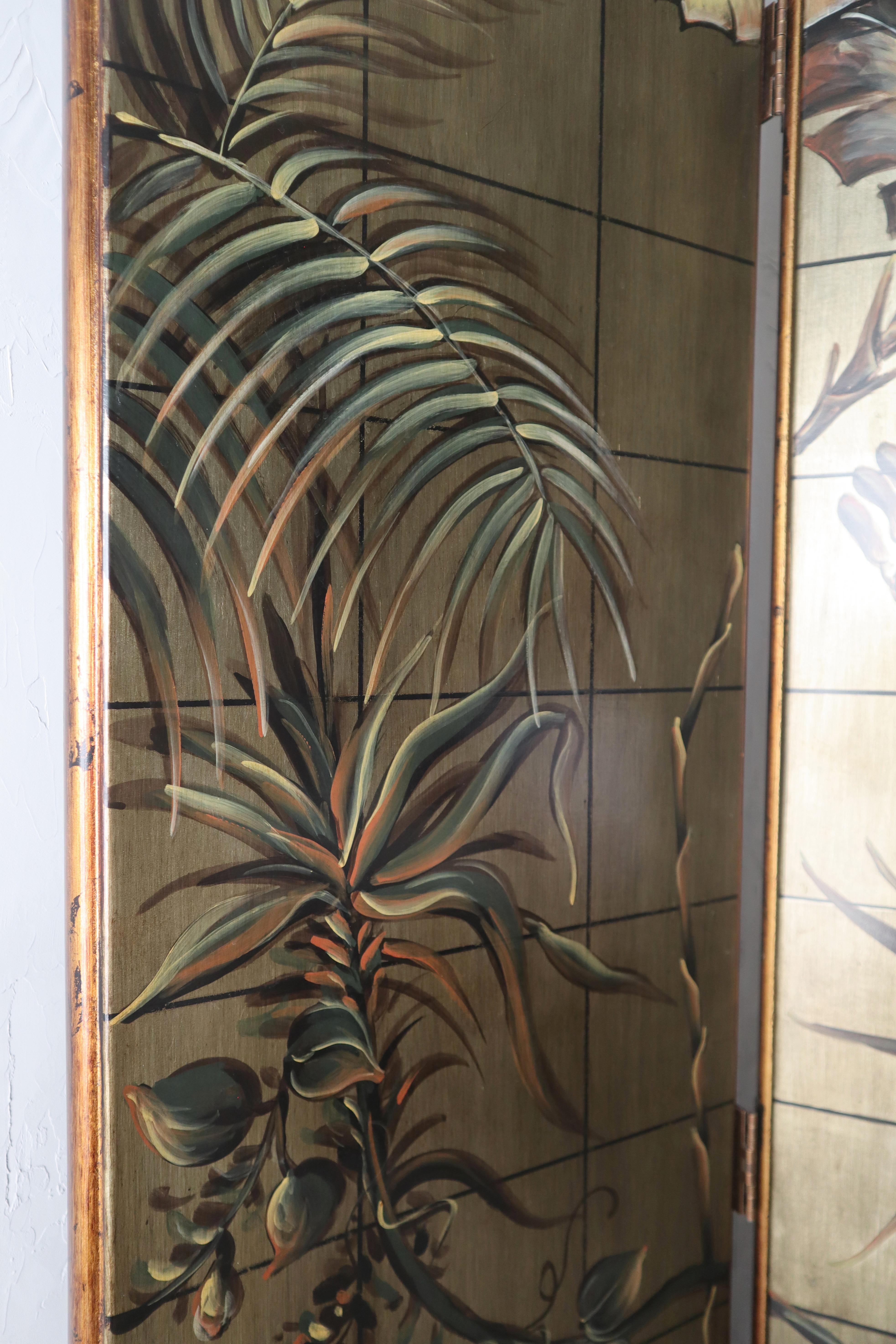 Wood 7ft Hand Painted Botanical Four-Panel Screen